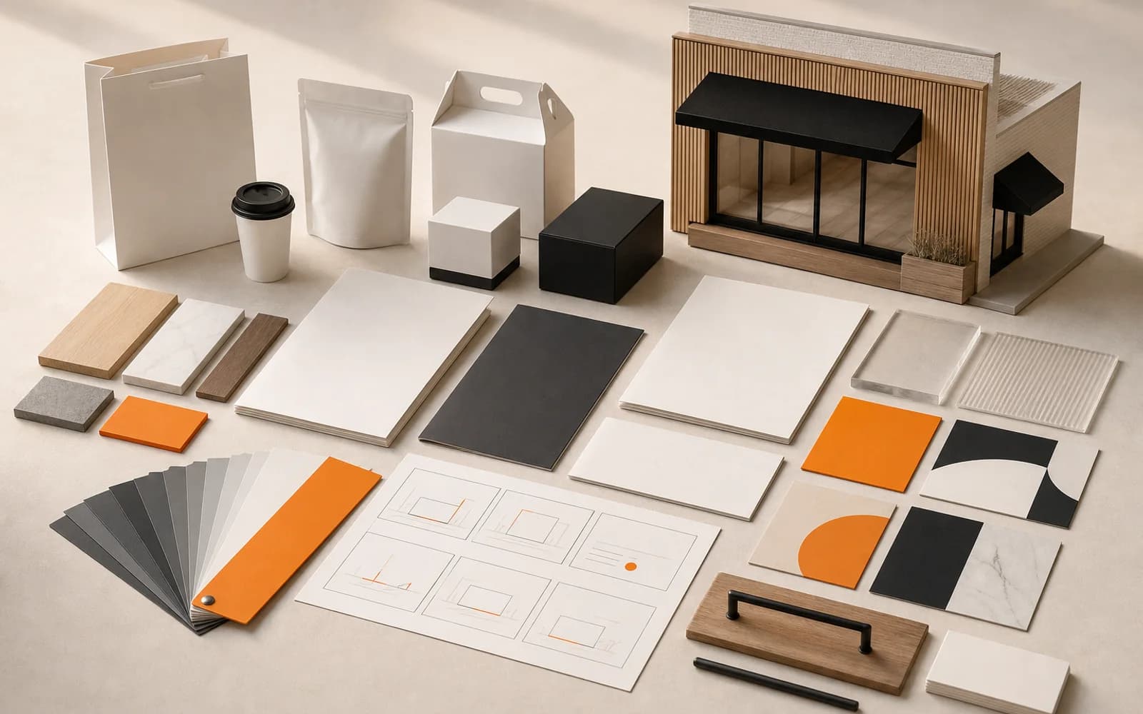 Brand-neutral identity, campaign and storefront materials arranged as one system